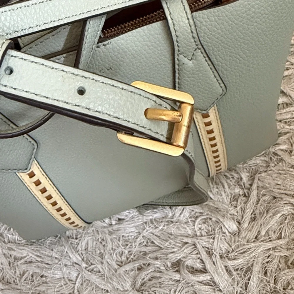 Tory Burch Perry Small Pick-Stitch Triple Compartment Tote Bag Pine Frost $428
